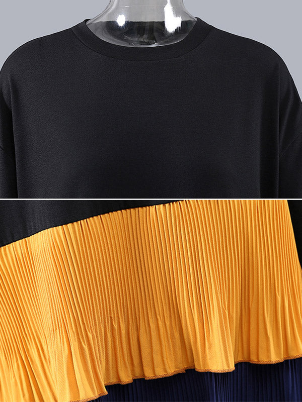 Original Contrast Color Split-Joint Round-Neck Midi Dress