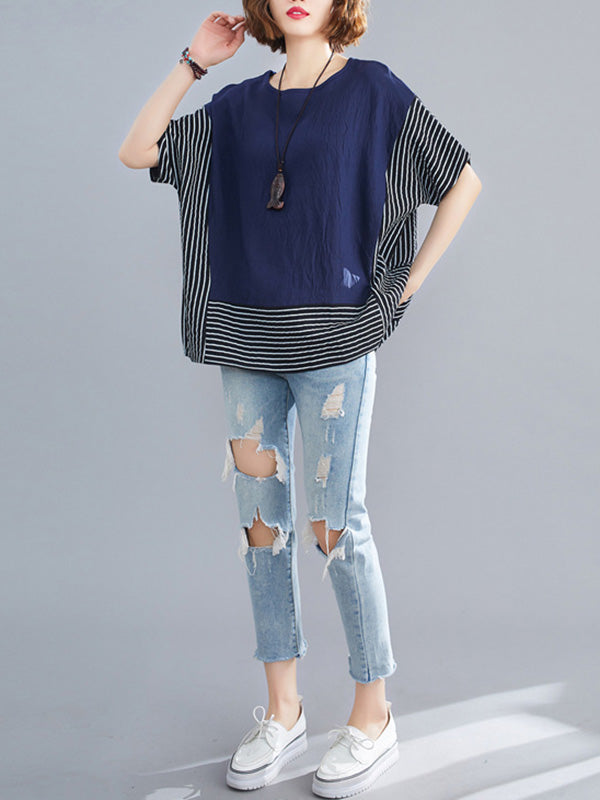 Vintage Ramie Cotton Striped Split-Joint Batwing Sleeves Round-Neck T-Shirt