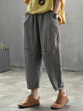 Vintage Split-joint Elasticity Ramie Cotton Harem Pants