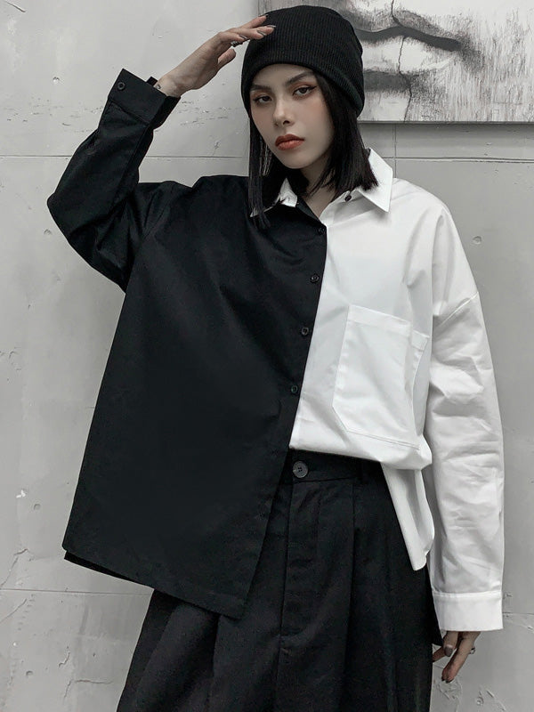 Stylish Contrast Color Split-Joint With Pocket Buttoned Lapel Color Long Sleeves Blouse