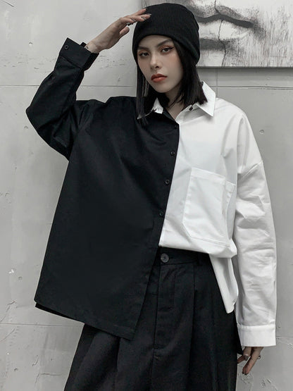 Stylish Contrast Color Split-Joint With Pocket Buttoned Lapel Color Long Sleeves Blouse