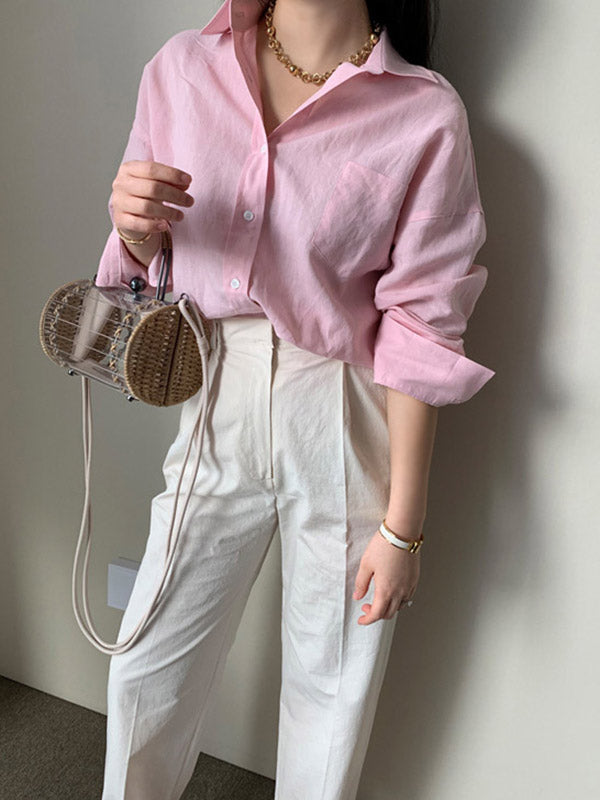 Urban Ramie Cotton Solid Color Lapel Long Sleeves Blouse