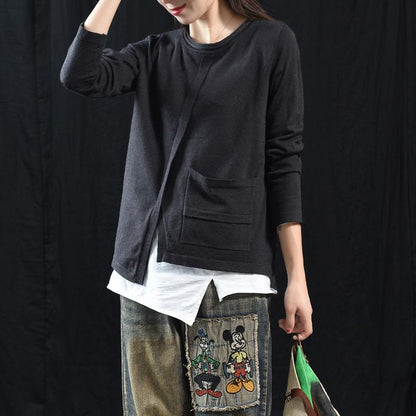 Buykud Solid Color Single Pocket Round Neck Casual Blouse