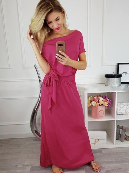 Casual Belted Short Sleeve Maxi Dress
