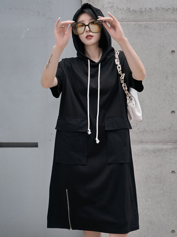 Original Black Zipper Split-Side Hooded H-Line Short Sleeves Midi Dress