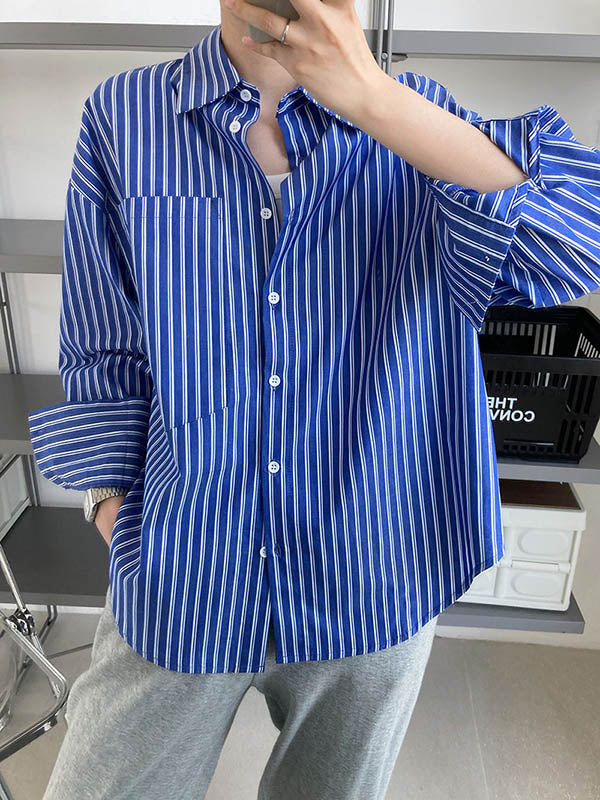 Chic Simple Striped Buttoned Split-Joint With Pocket Lapel Collar Long Sleeves Blouse