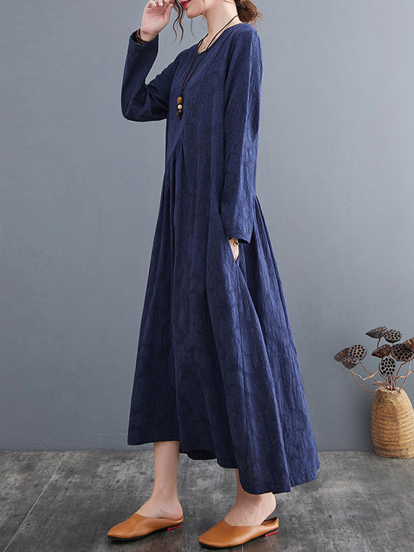 Casual Simple Solid Color Pleated Round-Neck Long Sleeves Midi Dress