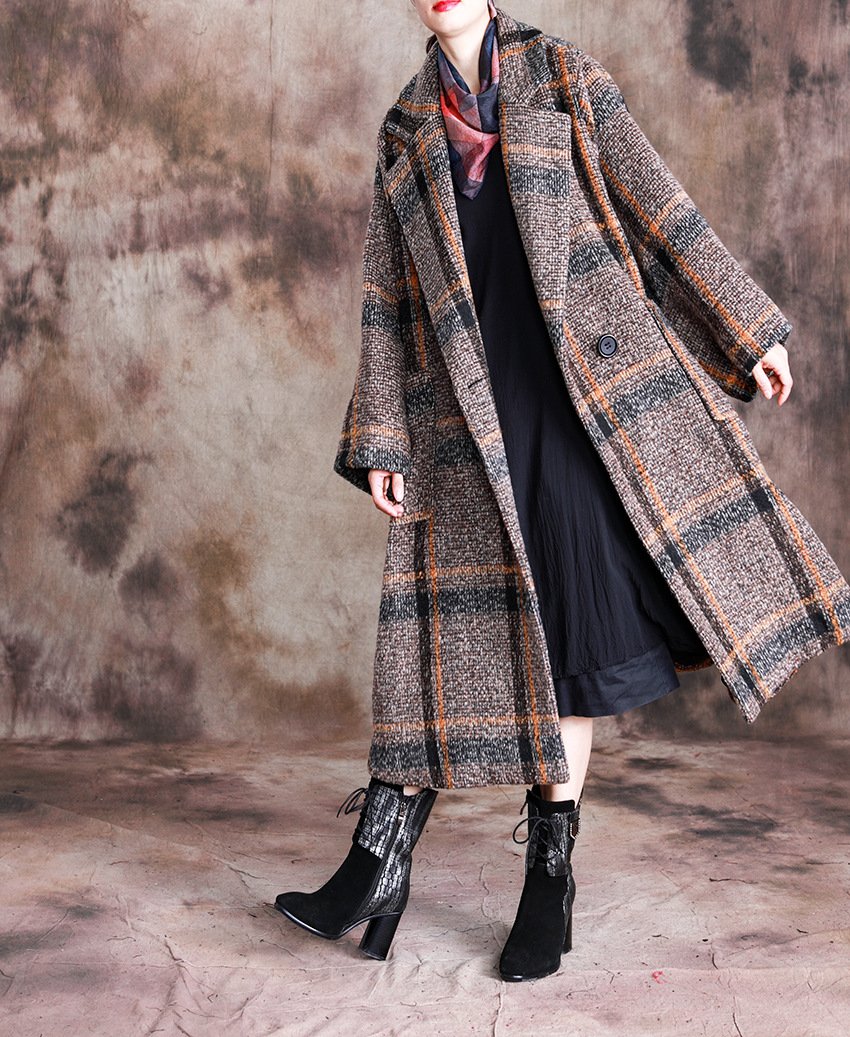 Buykud Tailored Collar Plaid Fashion Casual Trench Coat