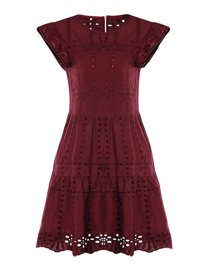 Solid Color Round Neck Hollow Mini Dress