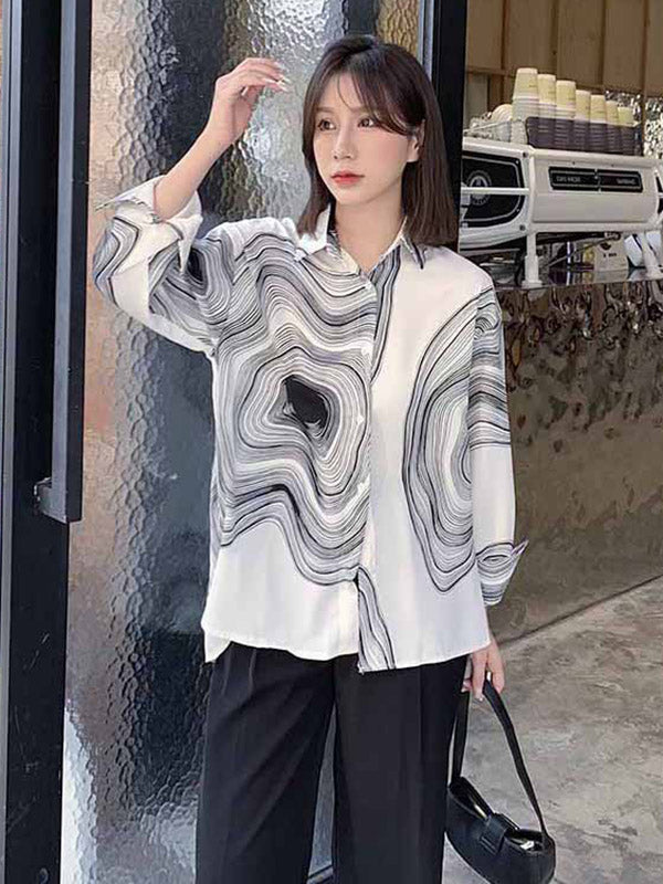 Urban Printed Buttoned Asymmetric Lapel Blouses Tops