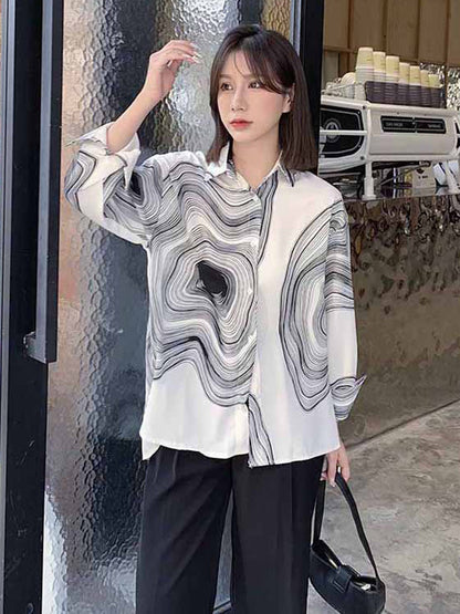 Urban Printed Buttoned Asymmetric Lapel Blouses Tops