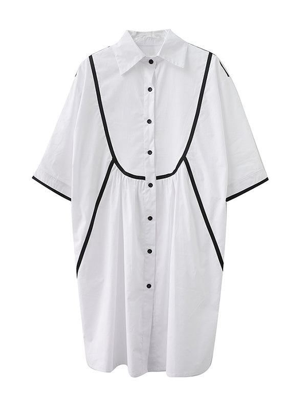 Stylish Loose White Split-Joint Half Sleeves Lapel Midi Dress