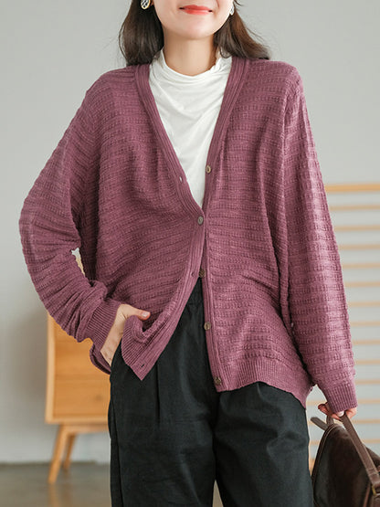 Casual Solid Color Buttoned V-Neck Long Sleeves Jacquard Knitted Cardigan