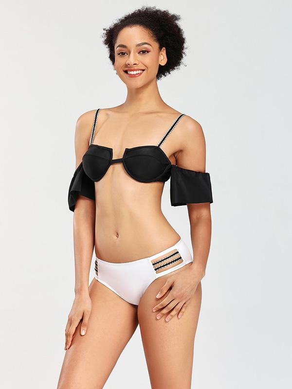 Falbala Sleeves Strapless Split Bikini Swimsuit