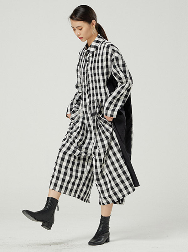Casual Loose Long Sleeve Plaid Jumpsuits Bottoms