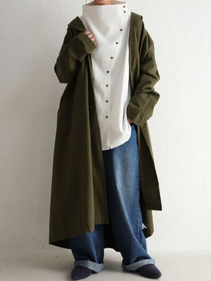 Loose Casual Solid Color Buttoned High-Neck Long Sleeves Blouse