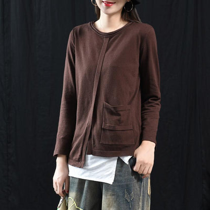 Buykud Solid Color Single Pocket Round Neck Casual Blouse