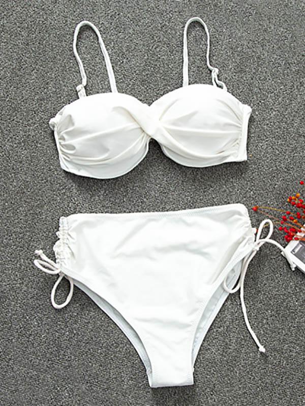 Solid Color Twist Bandage Split Bikini Swimsuit