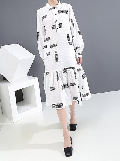 Lapel Collar Long Sleeve Loose Style Printed Belted Dress