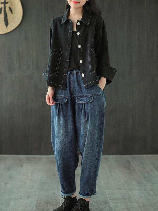 Leisure Solid Denim Puff Pants Bottoms