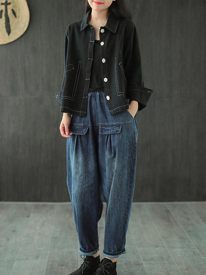 Leisure Solid Denim Puff Pants Bottoms
