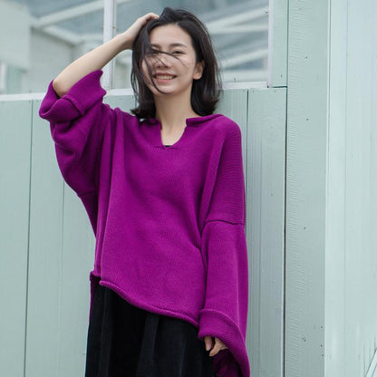 Buykud Simple Solid Color V-neck Ultra-loose Sweater