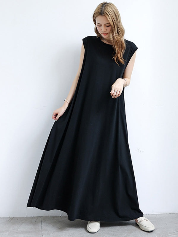 Simple Solid Color Oversized A-Line Round-Neck Cap Sleeves Maxi Dress