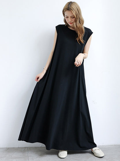Simple Solid Color Oversized A-Line Round-Neck Cap Sleeves Maxi Dress