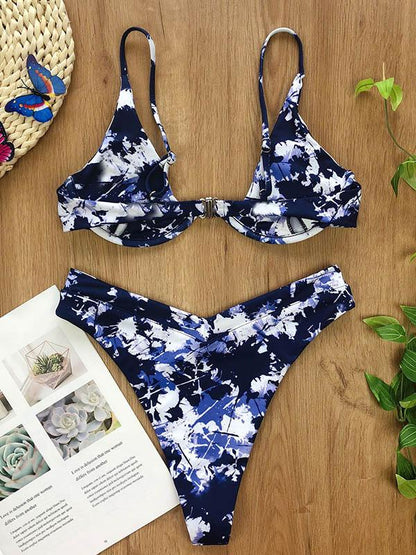 Tie-Dyed Spaghetti-Neck Split Bikini Swimsuit