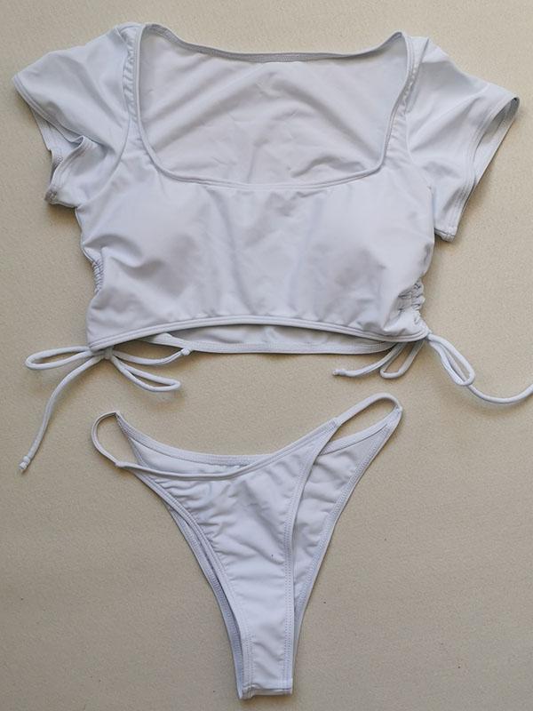 Solid Color Half Sleeve Bandage Split Bikini Swimsuit