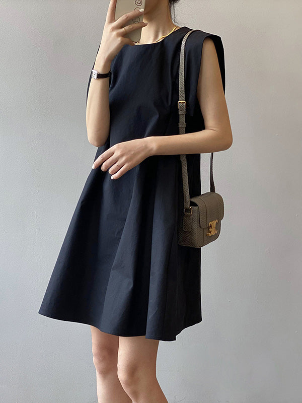 Casual Split-Joint Solid Color Round-Neck Sleeveless Mini Dress