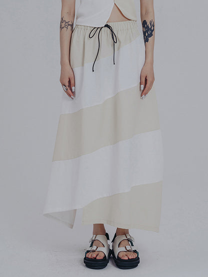 Simple Drawstring Waisted Contrast Color A-Line Skirt