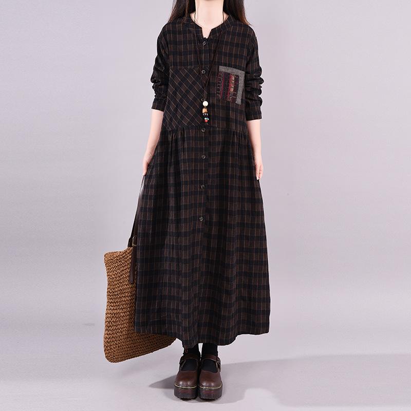 Buykud Long Sleeve Casual Plaid Patchwork Cotton Dress