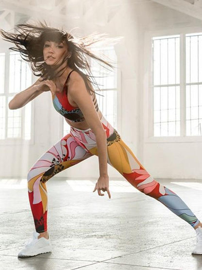 Printed Back Bandage Tanks And Wide Waistband Leggings Suits