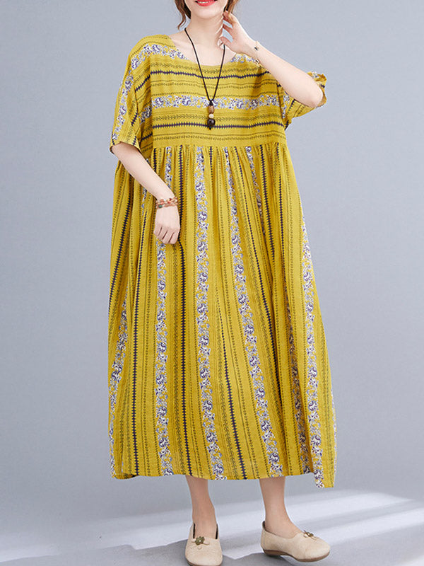 Vintage Striped Printed Round-Neck Short Sleeves Midi Dress