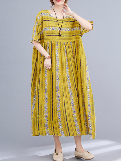 Vintage Striped Printed Round-Neck Short Sleeves Midi Dress