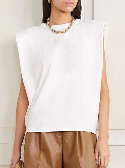Casual Solid Color Round-Neck Cap Sleeve Vest Tops