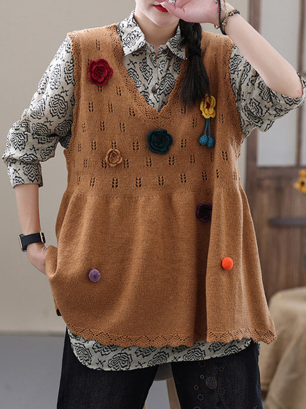 Vintage Knitting Sleeveless Applique V-Neck Vest Top