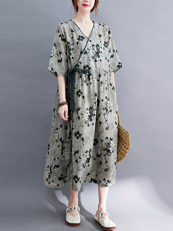 Artistic Retro Loose Tied Floral Printed Pleated V-Neck Short Sleeves Midi Dress