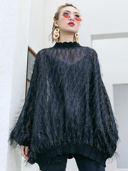 Fuzzy Tasseled See-through Batwing Sleeves Shirt Top