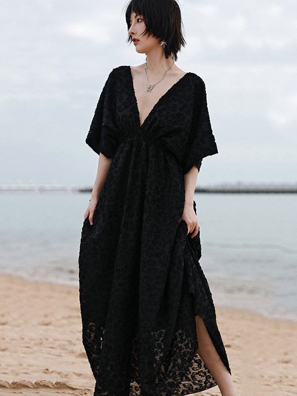 Stylish Solid Color Hollow Embroidered Mesh Backless Split-Side V-Neck Half Sleeves Maxi Dress
