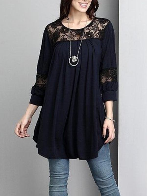 Vintage Lace Wrap Solid Blouses&Shirts Tops