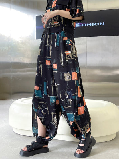 Stylish Printed Belted Split-Side Lapel Short Sleeves Jumpsuits