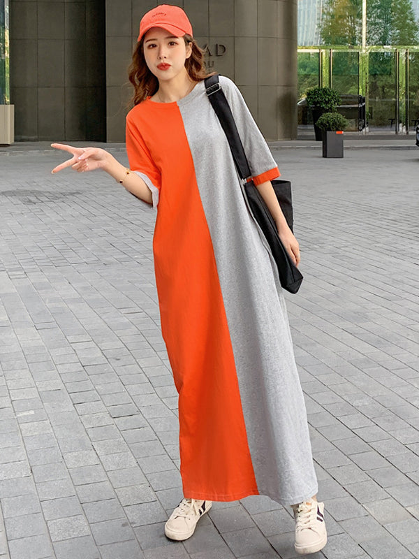Casual Color Matching Round-Neck Long Sleeves Maxi Dress