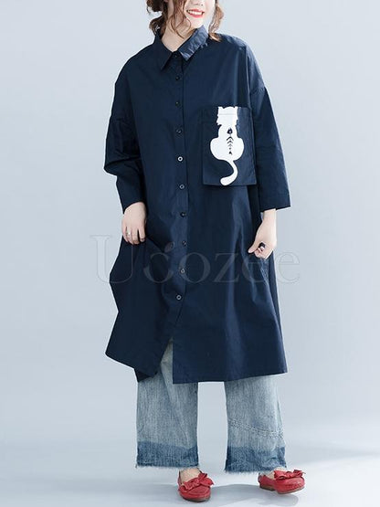Navy-blue Loose Lapel Cat Print Blouse Dress