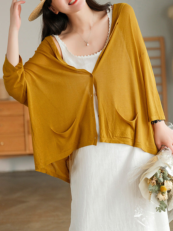 Casual Batwing Sleeve Hooded High-Low V-Neck Buttoned Cardigans