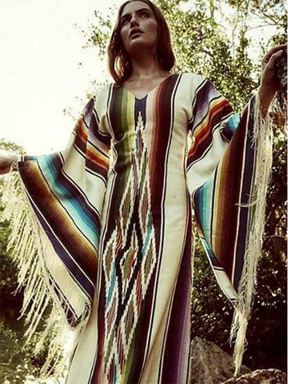 Tasseled Flared Sleeves Printed Maxi Dress