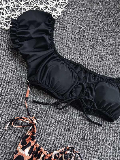 Off-The-Shoulder Short Sleeve Bandage Split Bikini Swimsuit