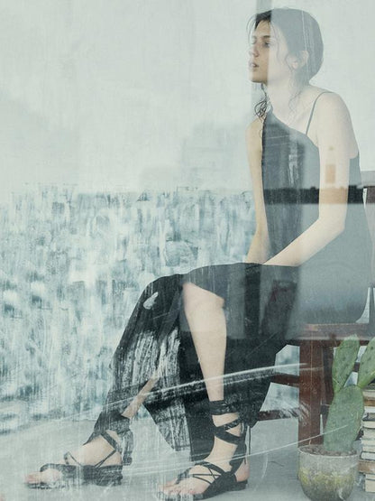 Simple Black Asymmetric Split-joint Long Dress