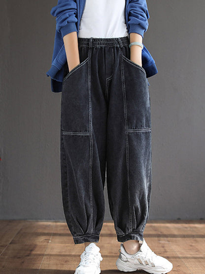 Casual Elastic Waist Wide Leg With Large Pocket Jean Pants